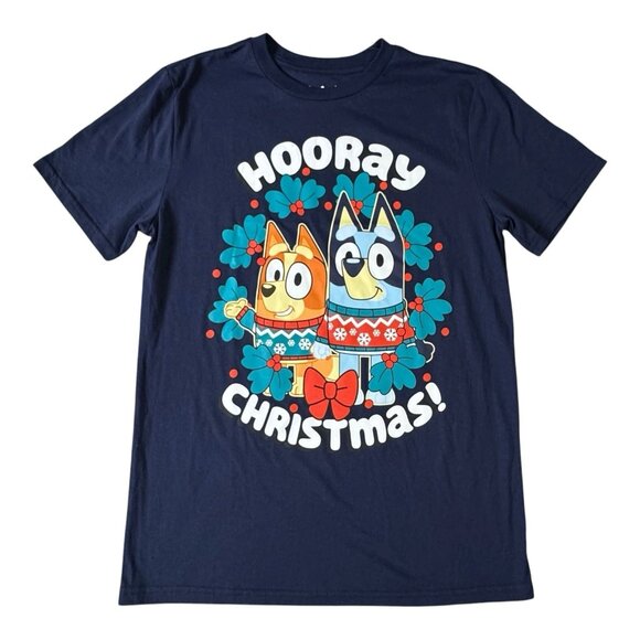 Bluey Christmas Tee Hooray Holiday Graphic Shirt Navy Blue Adult Medium Gift - Picture 1 of 6